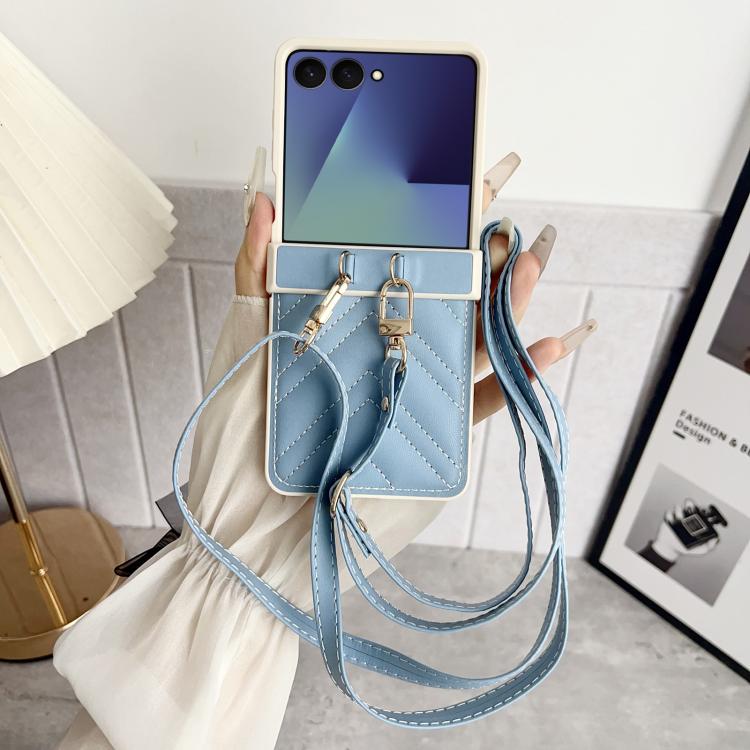 For Samsung Galaxy Z Flip7 Crossbody Lanyard Air-Cushioned V-shaped Vegan Leather Back Phone Case