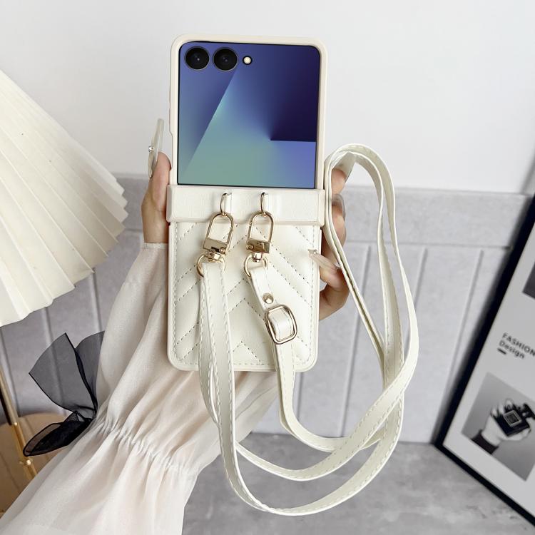For Samsung Galaxy Z Flip7 Crossbody Lanyard Air-Cushioned V-shaped Vegan Leather Back Phone Case