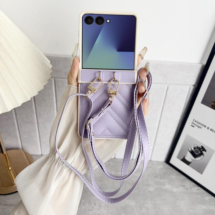 For Samsung Galaxy Z Flip7 Crossbody Lanyard Air-Cushioned V-shaped Vegan Leather Back Phone Case