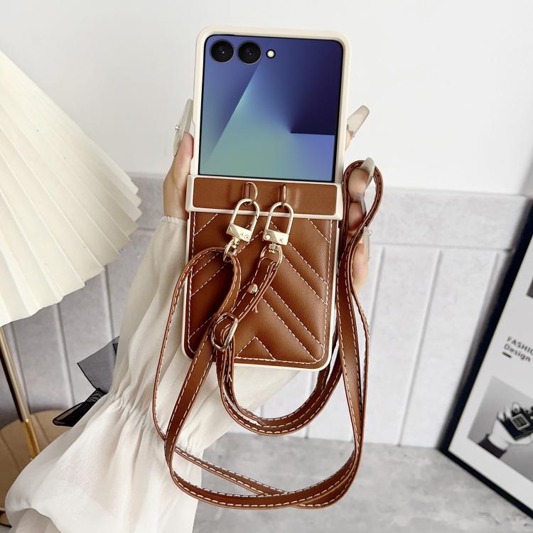 For Samsung Galaxy Z Flip7 Crossbody Lanyard Air-Cushioned V-shaped Vegan Leather Back Phone Case