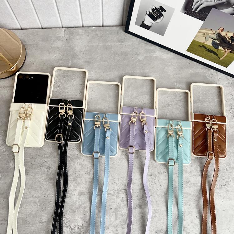 For Samsung Galaxy Z Flip7 Crossbody Lanyard Air-Cushioned V-shaped Vegan Leather Back Phone Case