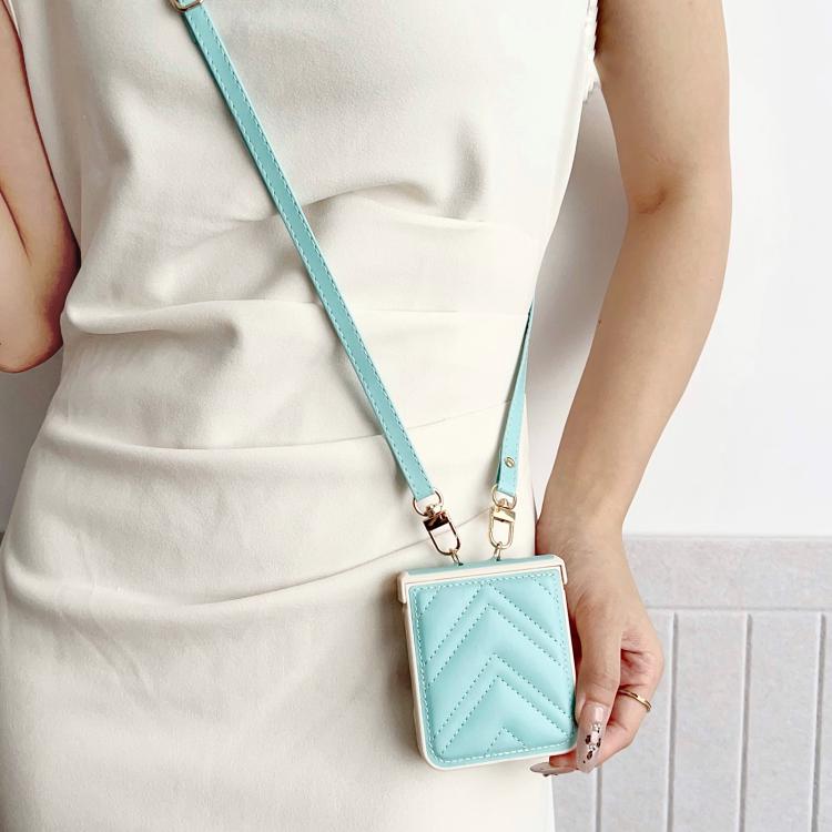 For Samsung Galaxy Z Flip7 Crossbody Lanyard Air-Cushioned V-shaped Vegan Leather Back Phone Case