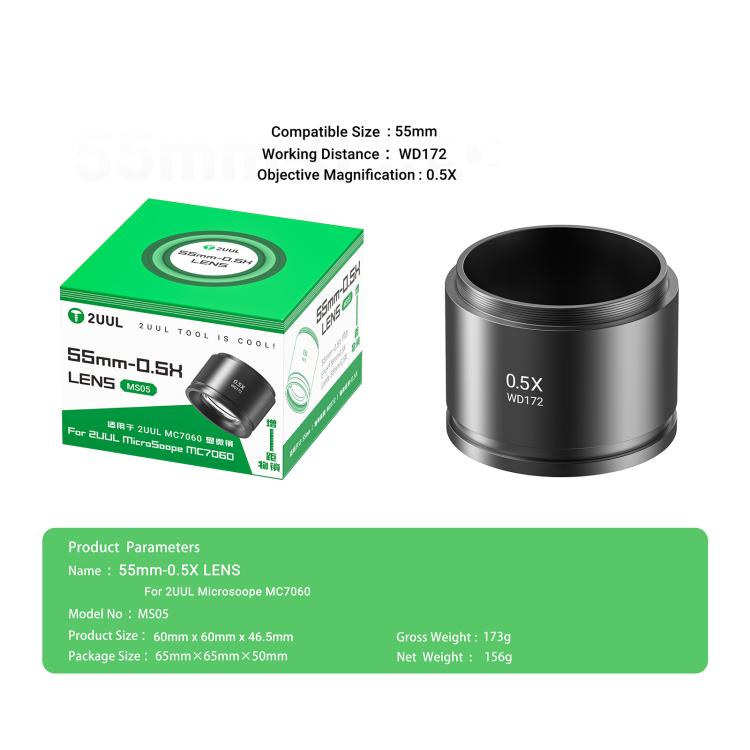 2uul MS05 55MM WD172 0.5X Lens for 2uul MC7060 Microscope