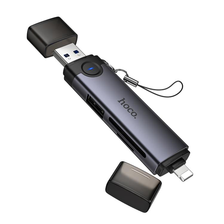 hoco HB56A Victory USB-A and 8 Pin to SD, TF, USB2.0 Portable 3 in 1 Card Reader - Metal Grey
