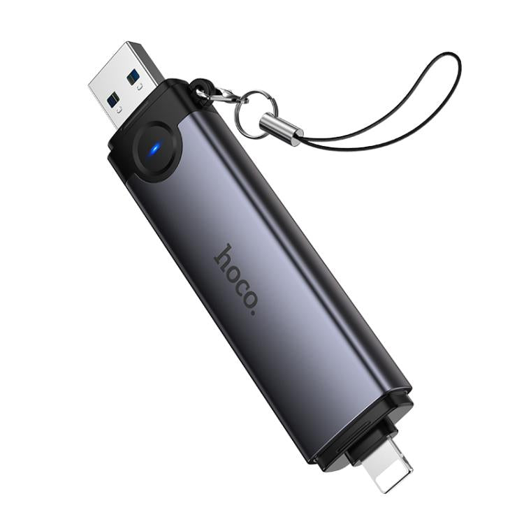 hoco HB56A Victory USB-A and 8 Pin to SD, TF, USB2.0 Portable 3 in 1 Card Reader - Metal Grey