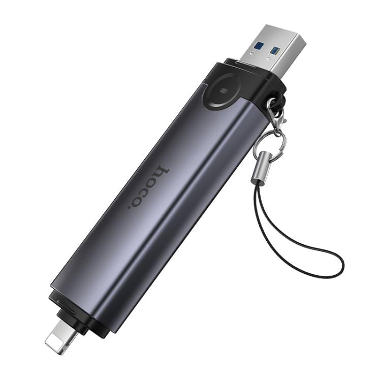 hoco HB56A Victory USB-A and 8 Pin to SD, TF, USB2.0 Portable 3 in 1 Card Reader - Metal Grey