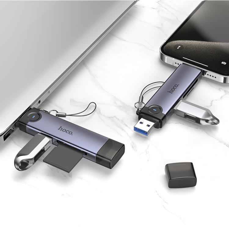 hoco HB56A Victory USB-A and 8 Pin to SD, TF, USB2.0 Portable 3 in 1 Card Reader - Metal Grey
