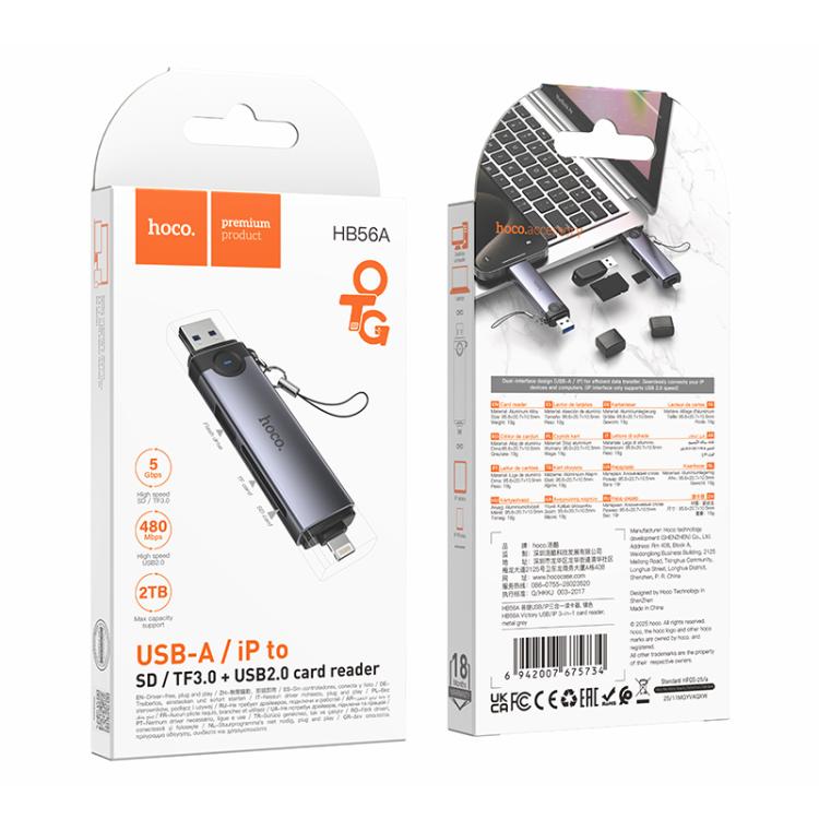 hoco HB56A Victory USB-A and 8 Pin to SD, TF, USB2.0 Portable 3 in 1 Card Reader - Metal Grey