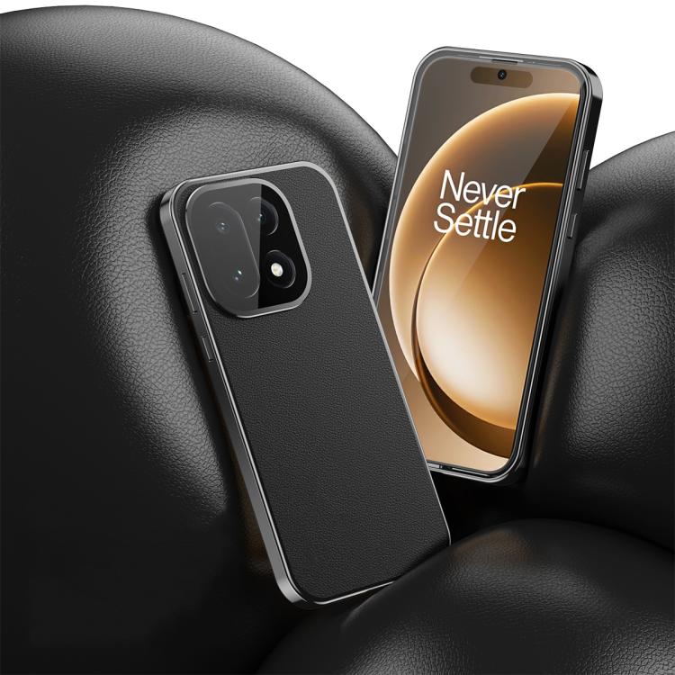 For OnePlus 15 Magic Cube HD Glass Veagn Leather Magnetic Frame Metal Phone Case
