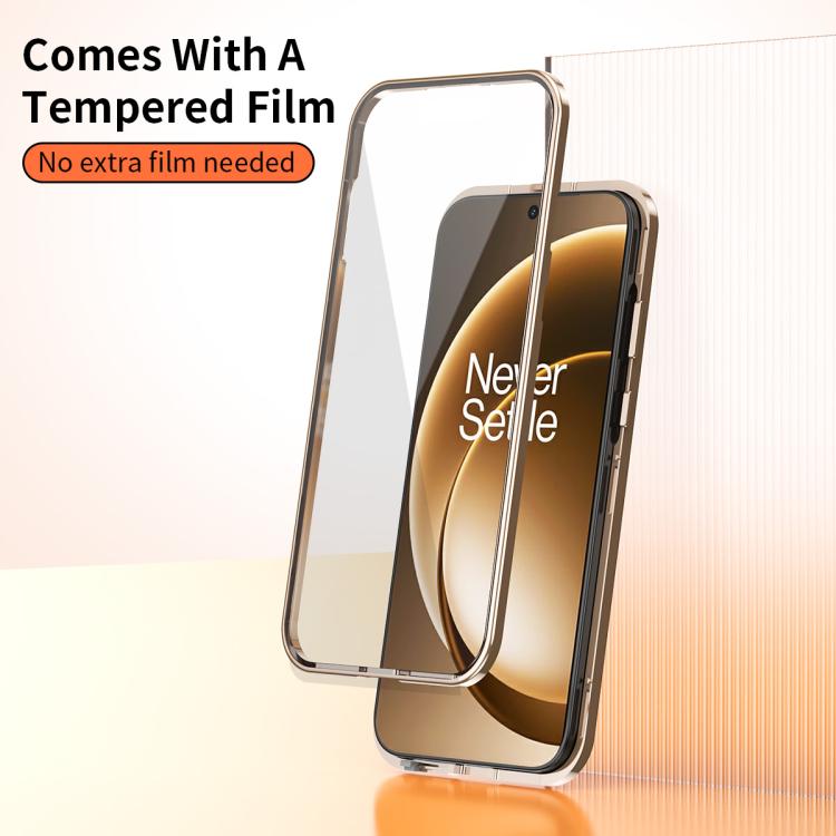 For OnePlus 15 Magic Cube HD Glass Veagn Leather Magnetic Frame Metal Phone Case