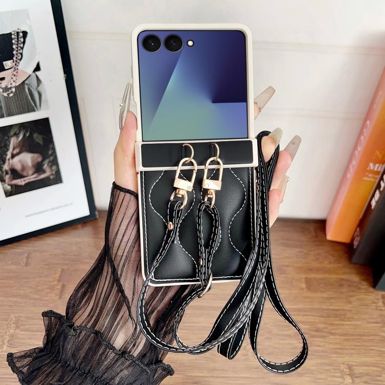 For Samsung Galaxy Z Flip7 Crossbody Lanyard Air-Cushioned Wave Vegan Leather Back Phone Case