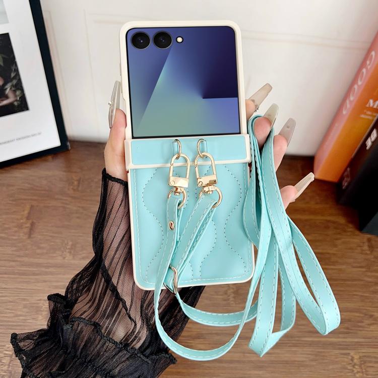 For Samsung Galaxy Z Flip7 Crossbody Lanyard Air-Cushioned Wave Vegan Leather Back Phone Case