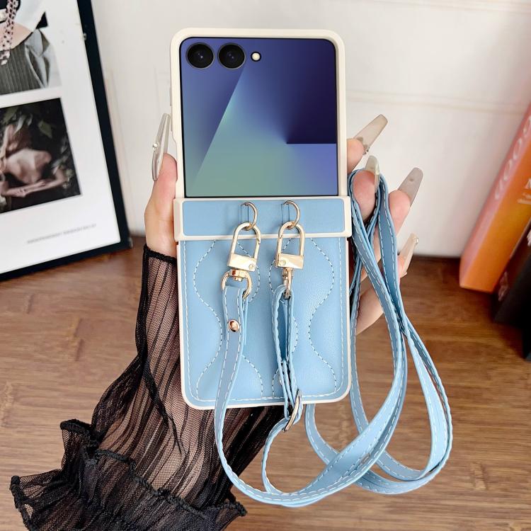 For Samsung Galaxy Z Flip7 Crossbody Lanyard Air-Cushioned Wave Vegan Leather Back Phone Case