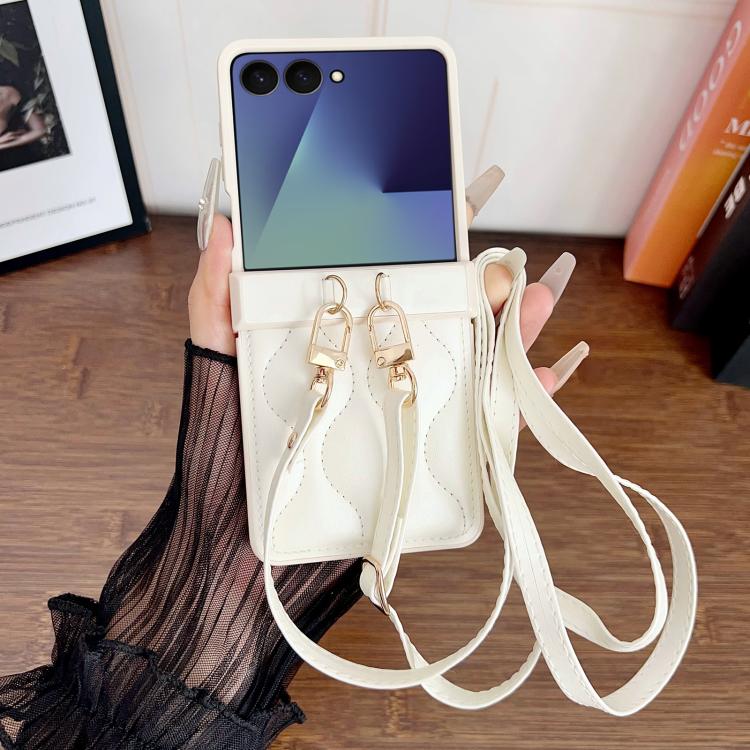 For Samsung Galaxy Z Flip7 Crossbody Lanyard Air-Cushioned Wave Vegan Leather Back Phone Case