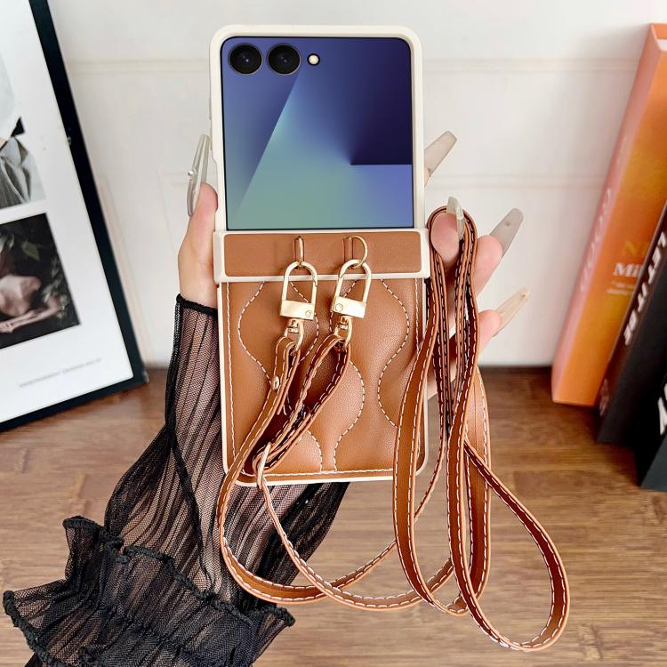 For Samsung Galaxy Z Flip7 Crossbody Lanyard Air-Cushioned Wave Vegan Leather Back Phone Case