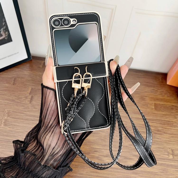 For Samsung Galaxy Z Flip5 Crossbody Lanyard Air-Cushioned Wave Vegan Leather Back Phone Case