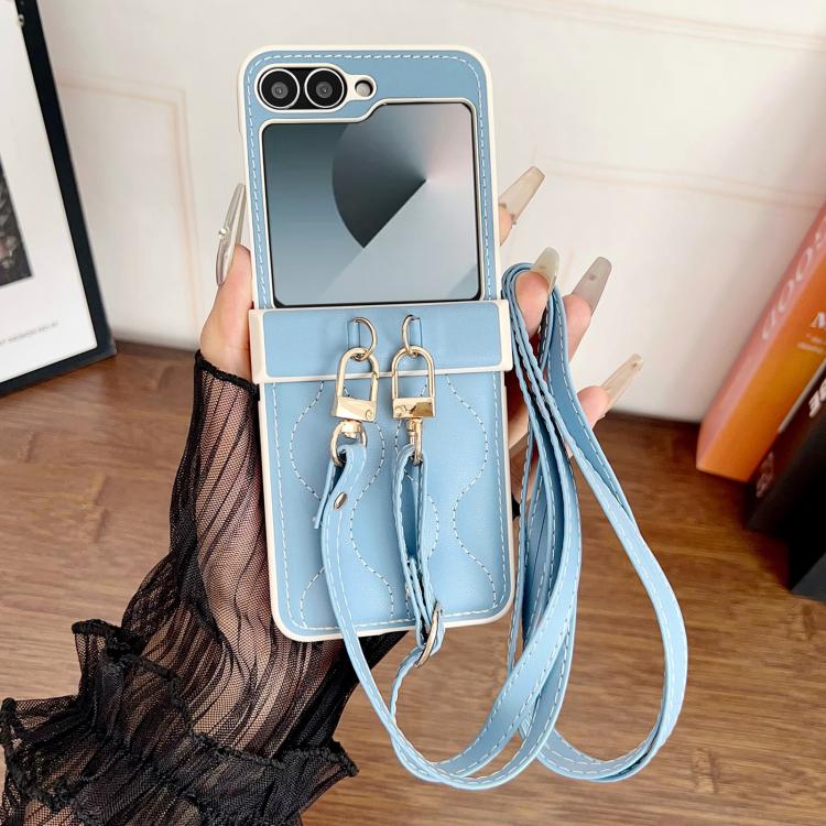 For Samsung Galaxy Z Flip5 Crossbody Lanyard Air-Cushioned Wave Vegan Leather Back Phone Case