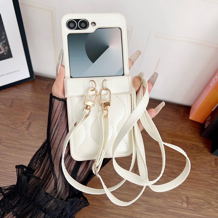 For Samsung Galaxy Z Flip5 Crossbody Lanyard Air-Cushioned Wave Vegan Leather Back Phone Case