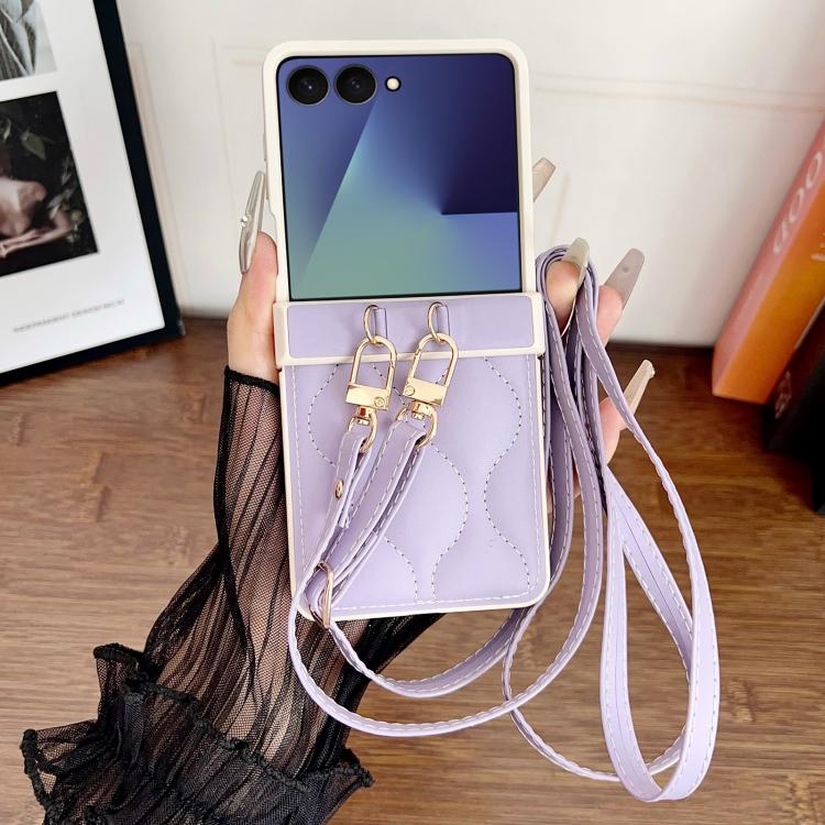 For Samsung Galaxy Z Flip5 Crossbody Lanyard Air-Cushioned Wave Vegan Leather Back Phone Case