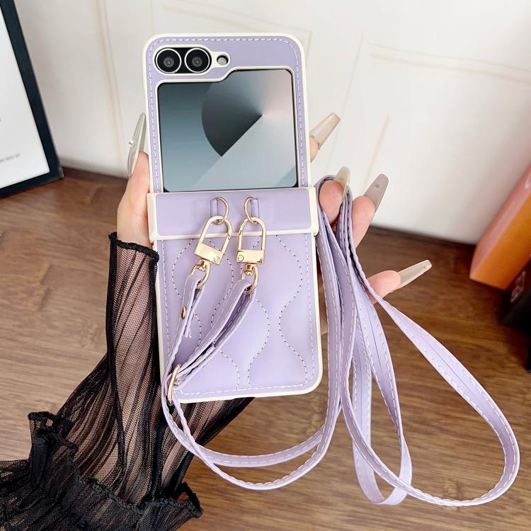 For Samsung Galaxy Z Flip4 Crossbody Lanyard Air-Cushioned Wave Vegan Leather Back Phone Case