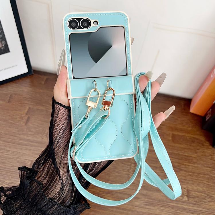 For Samsung Galaxy Z Flip3 Crossbody Lanyard Air-Cushioned Wave Vegan Leather Back Phone Case
