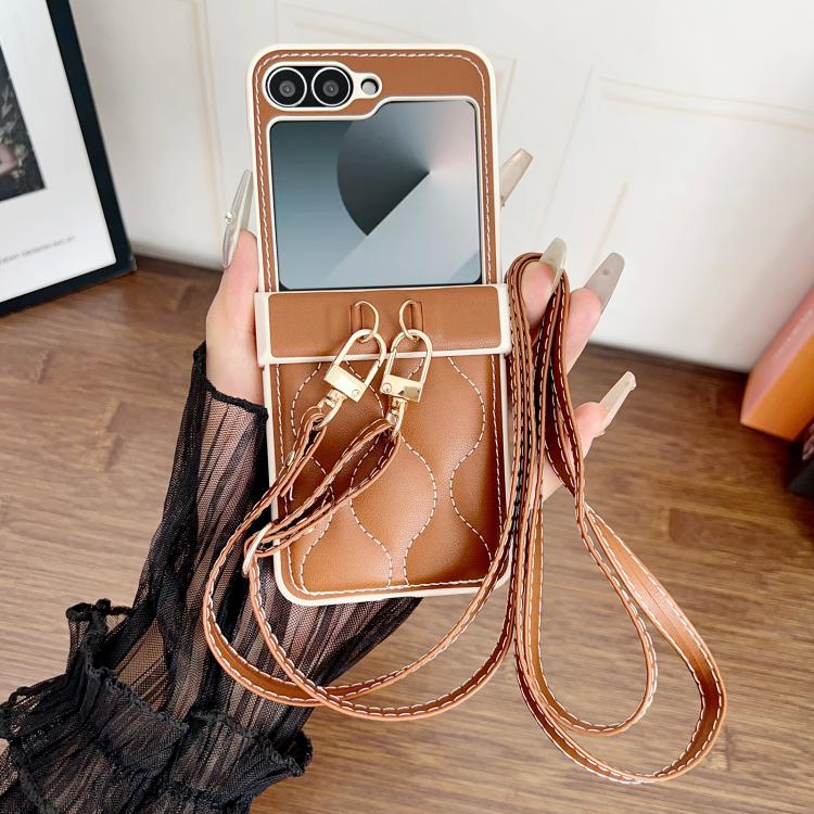For Samsung Galaxy Z Flip3 Crossbody Lanyard Air-Cushioned Wave Vegan Leather Back Phone Case