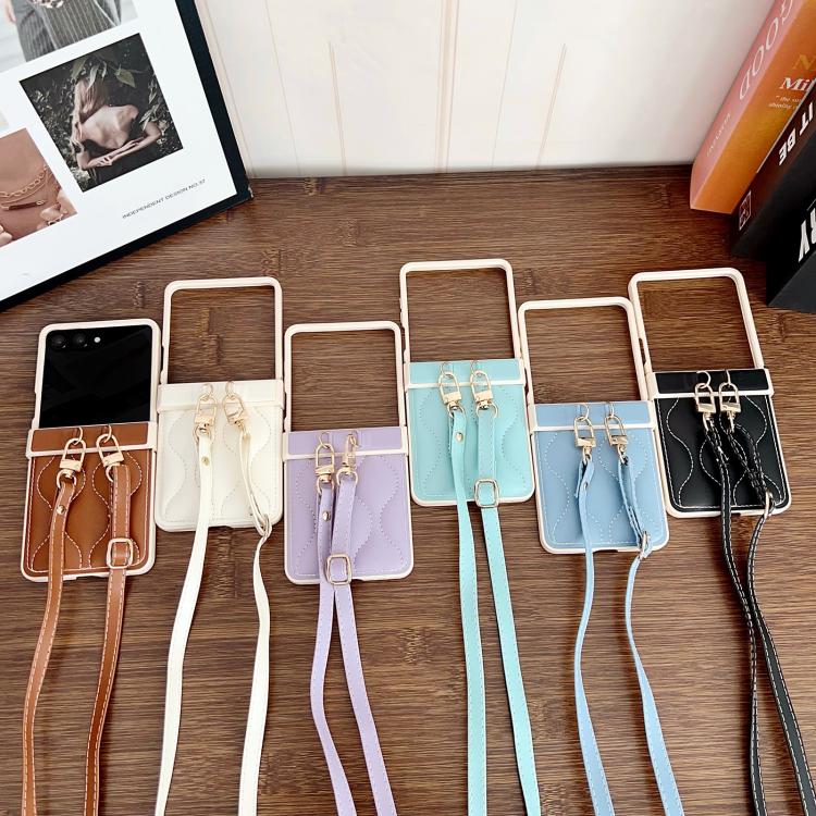 For Samsung Galaxy Z Flip7 Crossbody Lanyard Air-Cushioned Wave Vegan Leather Back Phone Case