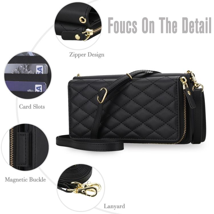 For iPhone 17 Pro Crossbody Diamond Lattice Zipper Wallet RFID Vegan Leather Phone Case