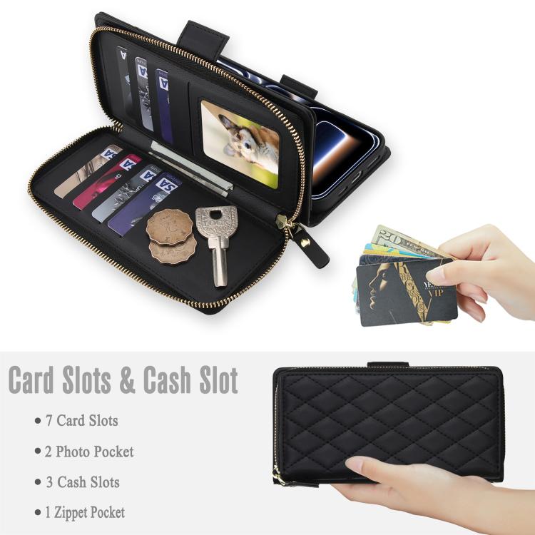For iPhone 17 Pro Crossbody Diamond Lattice Zipper Wallet RFID Vegan Leather Phone Case