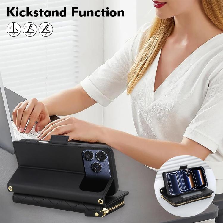 For iPhone 17 Pro Crossbody Diamond Lattice Zipper Wallet RFID Vegan Leather Phone Case
