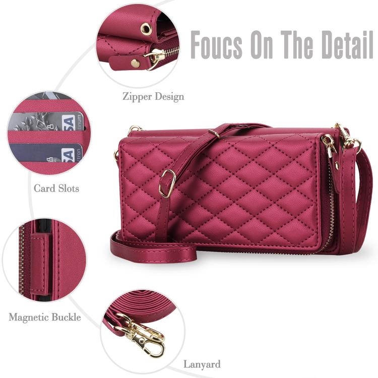 For iPhone 17 Pro Crossbody Diamond Lattice Zipper Wallet RFID Vegan Leather Phone Case