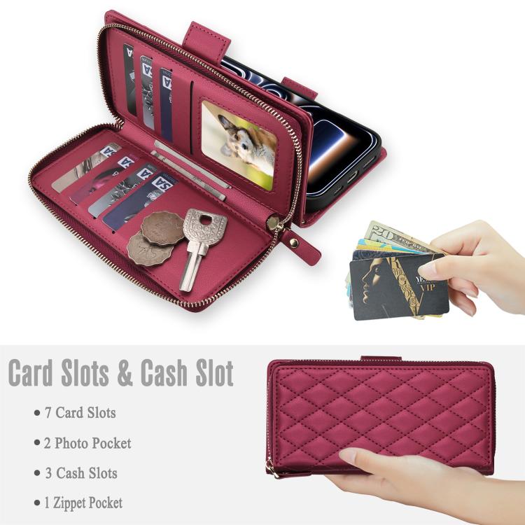 For iPhone 17 Pro Crossbody Diamond Lattice Zipper Wallet RFID Vegan Leather Phone Case