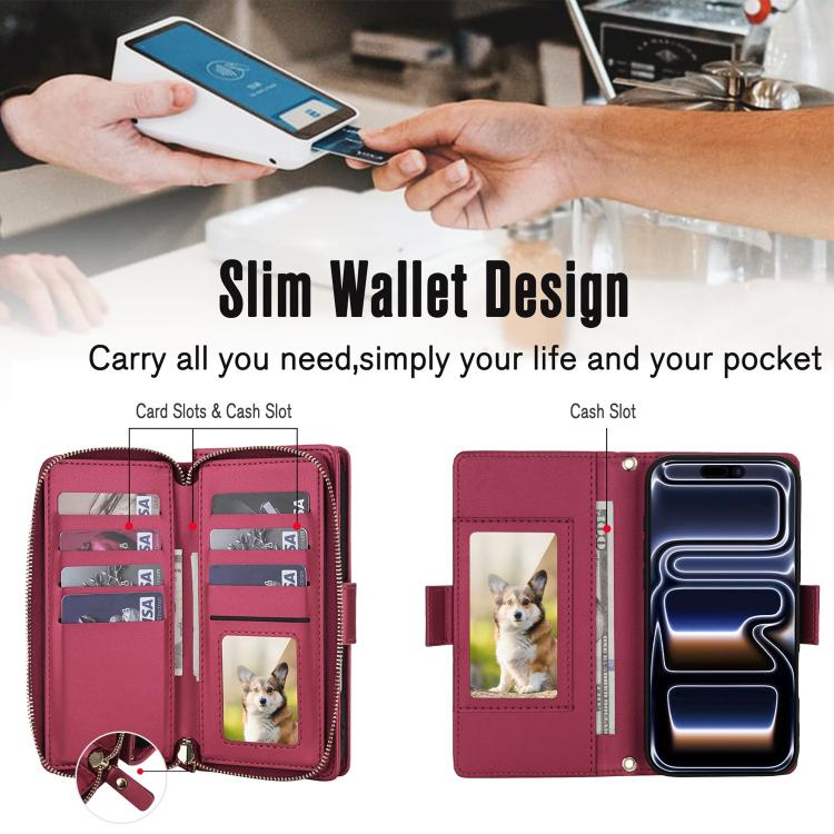 For iPhone 17 Pro Crossbody Diamond Lattice Zipper Wallet RFID Vegan Leather Phone Case