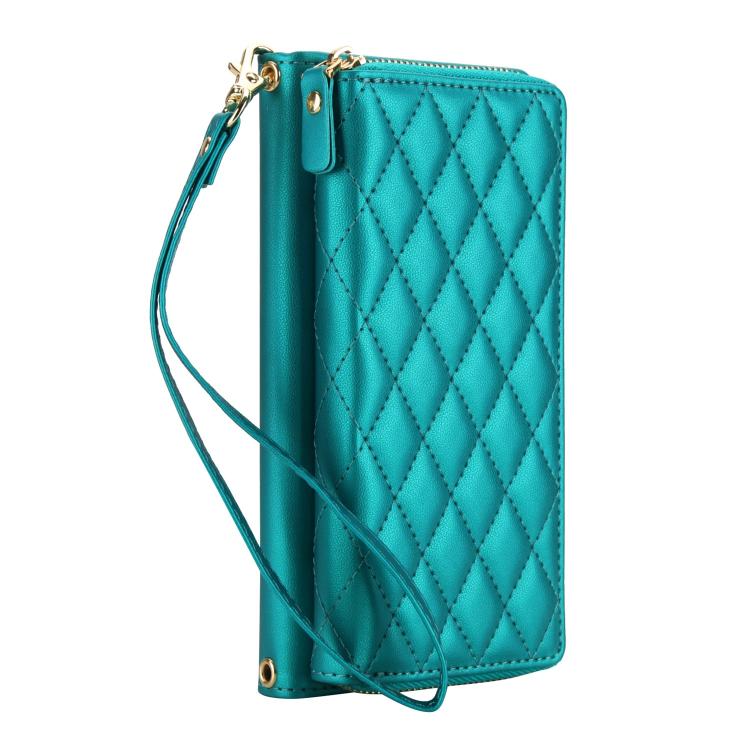 For iPhone 17 Pro Crossbody Diamond Lattice Zipper Wallet RFID Vegan Leather Phone Case