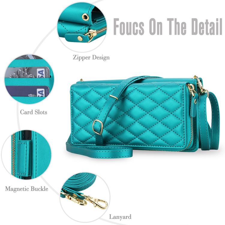 For iPhone 17 Pro Crossbody Diamond Lattice Zipper Wallet RFID Vegan Leather Phone Case