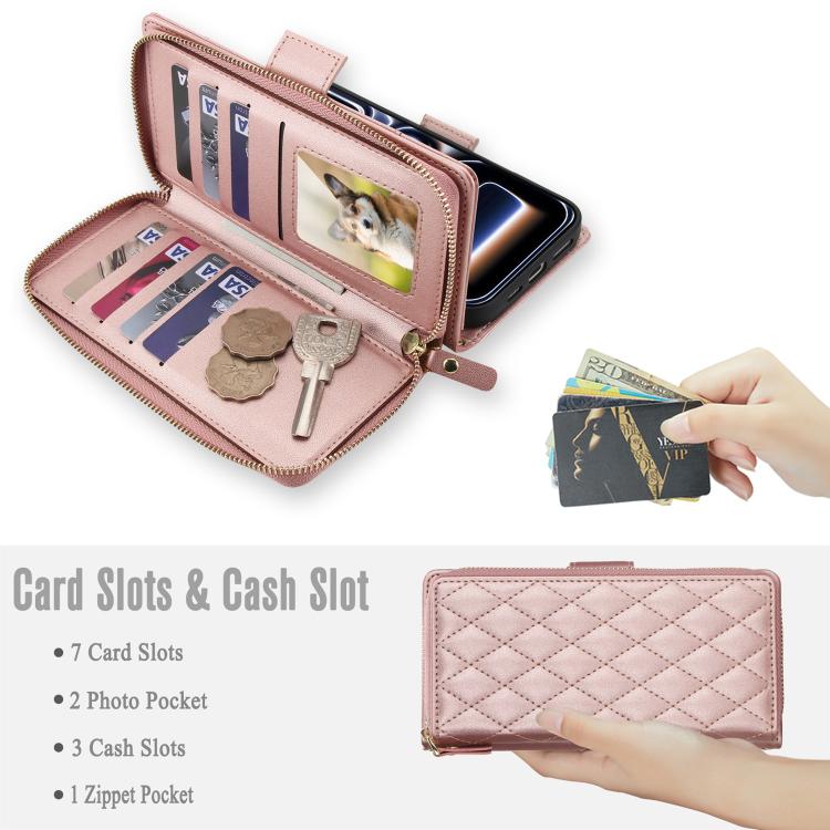 For iPhone 17 Pro Crossbody Diamond Lattice Zipper Wallet RFID Vegan Leather Phone Case