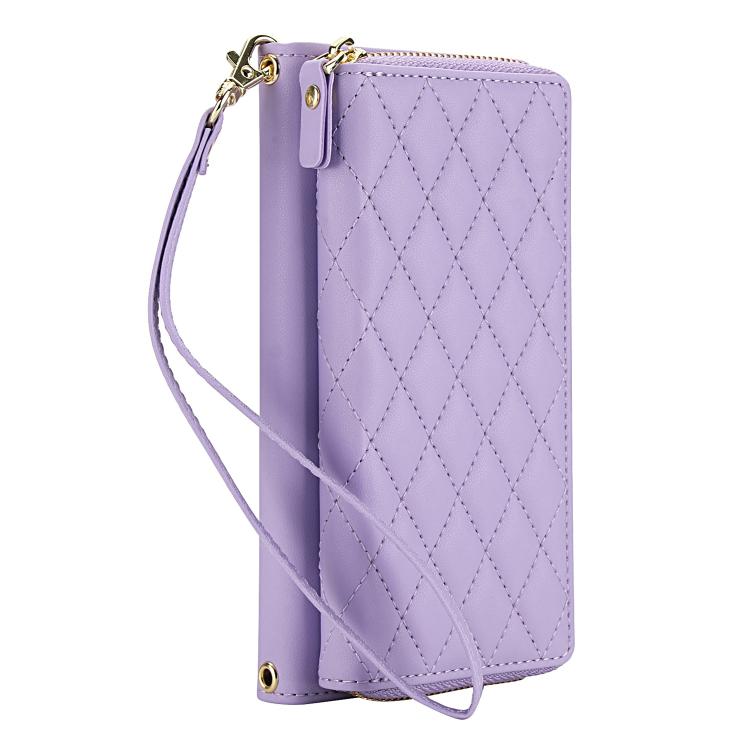 For iPhone 17 Pro Crossbody Diamond Lattice Zipper Wallet RFID Vegan Leather Phone Case