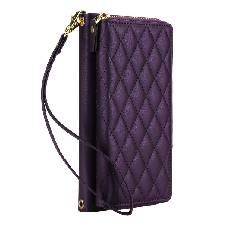 For iPhone 17 Pro Crossbody Diamond Lattice Zipper Wallet RFID Vegan Leather Phone Case
