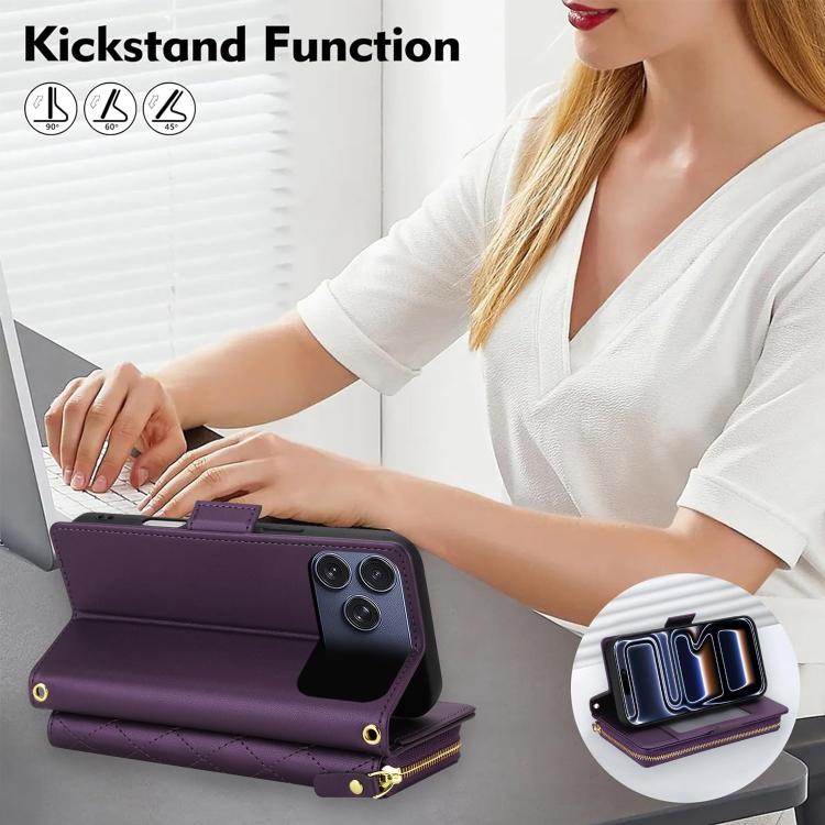 For iPhone 17 Pro Crossbody Diamond Lattice Zipper Wallet RFID Vegan Leather Phone Case