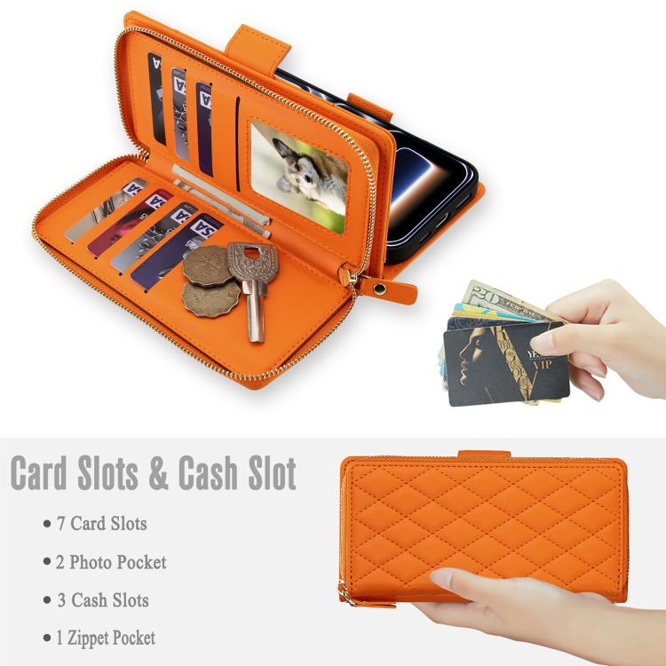 For iPhone 17 Pro Max Crossbody Diamond Lattice Zipper Wallet RFID Vegan Leather Phone Case