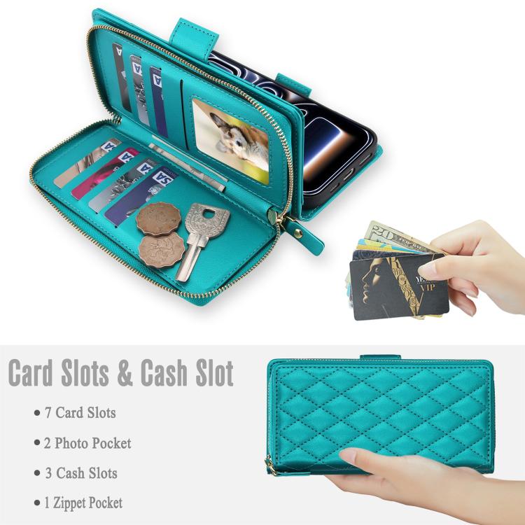 For iPhone 17 Pro Max Crossbody Diamond Lattice Zipper Wallet RFID Vegan Leather Phone Case