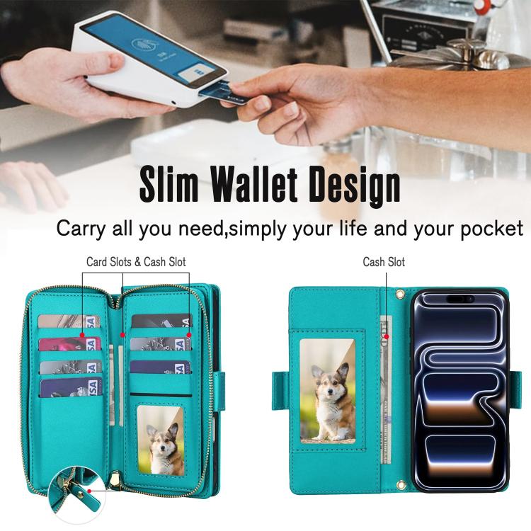 For iPhone 17 Pro Max Crossbody Diamond Lattice Zipper Wallet RFID Vegan Leather Phone Case
