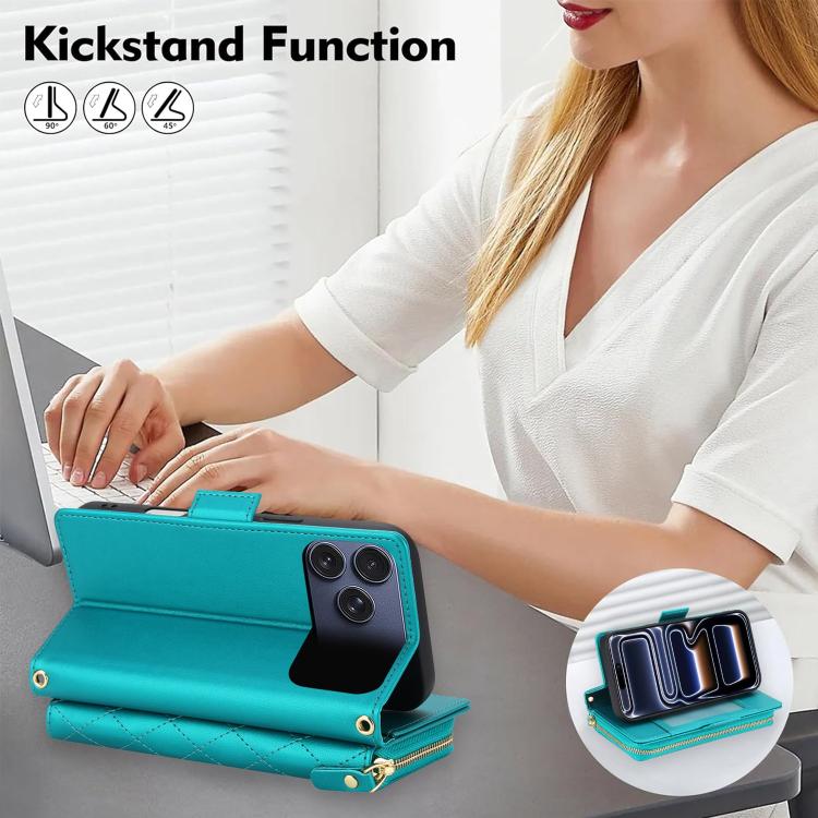 For iPhone 17 Pro Max Crossbody Diamond Lattice Zipper Wallet RFID Vegan Leather Phone Case