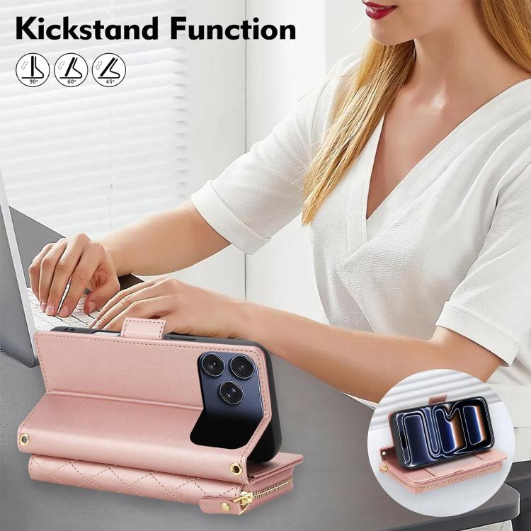 For iPhone 17 Pro Max Crossbody Diamond Lattice Zipper Wallet RFID Vegan Leather Phone Case