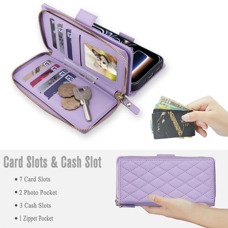 For iPhone 17 Pro Max Crossbody Diamond Lattice Zipper Wallet RFID Vegan Leather Phone Case
