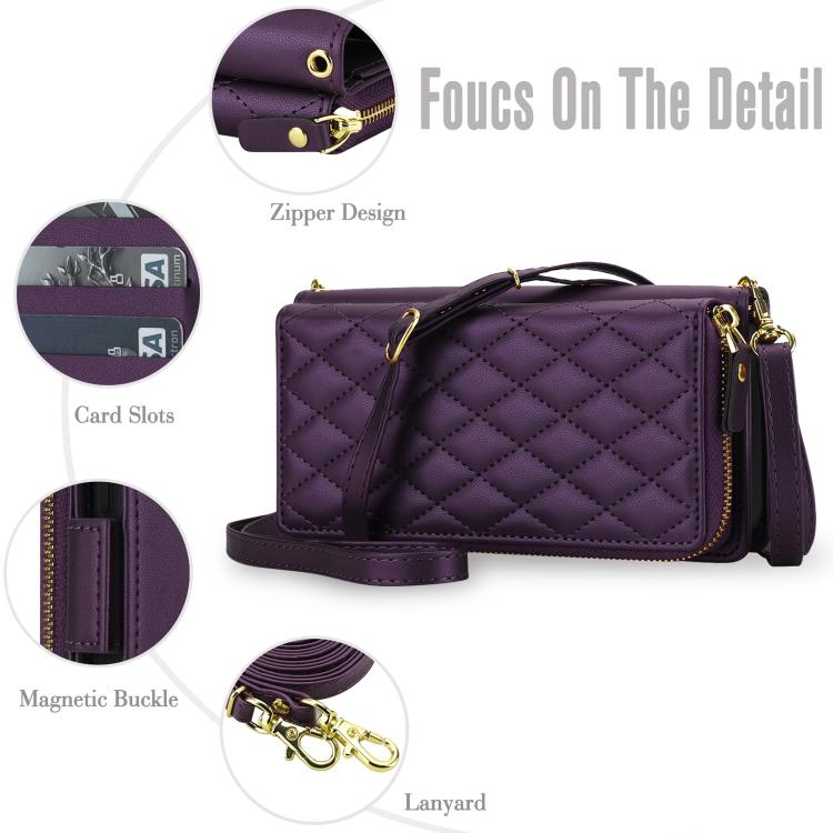 For iPhone 17 Pro Max Crossbody Diamond Lattice Zipper Wallet RFID Vegan Leather Phone Case