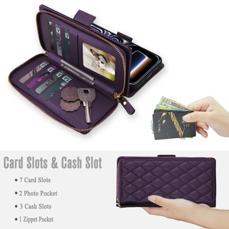 For iPhone 17 Pro Max Crossbody Diamond Lattice Zipper Wallet RFID Vegan Leather Phone Case