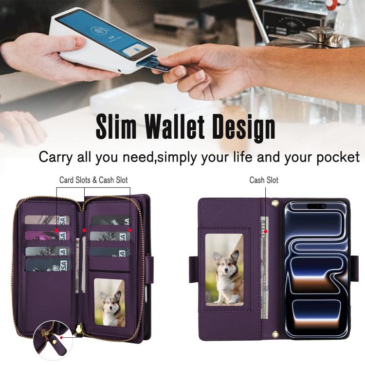 For iPhone 17 Pro Max Crossbody Diamond Lattice Zipper Wallet RFID Vegan Leather Phone Case