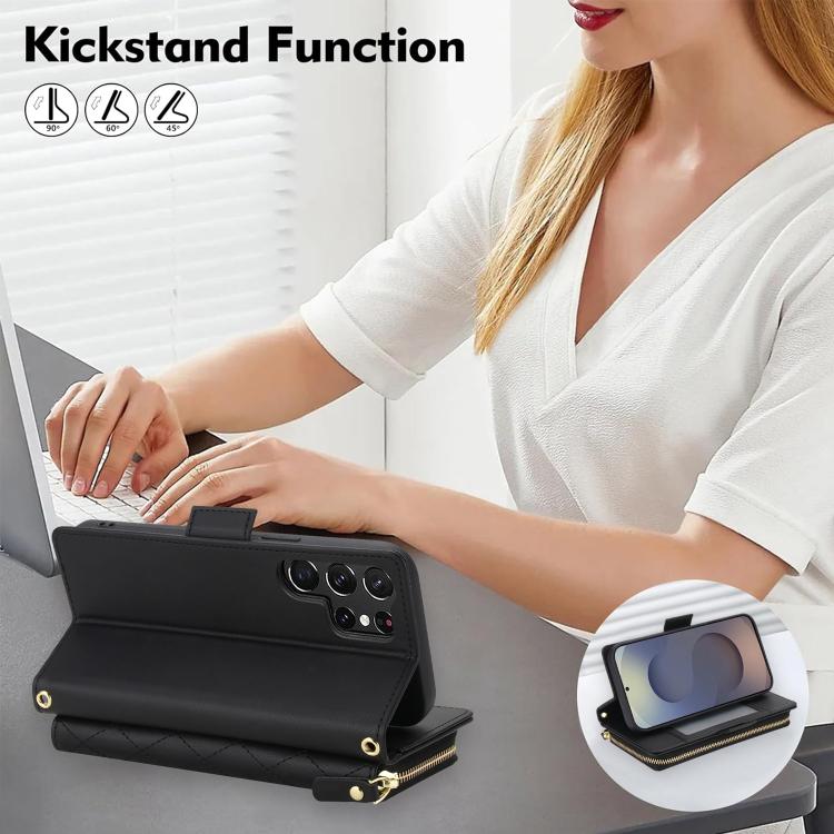 For Samsung Galaxy S26 Ultra 5G Crossbody Diamond Lattice Zipper Wallet RFID Vegan Leather Phone Case