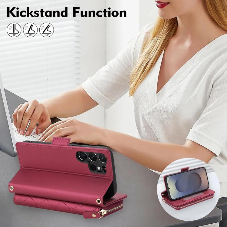 For Samsung Galaxy S26 Ultra 5G Crossbody Diamond Lattice Zipper Wallet RFID Vegan Leather Phone Case